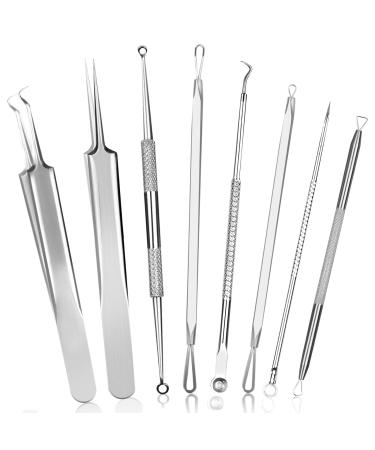 Fluco Blackhead Remover Pimple Popper Tool Kit  8pcs Blackhead Comedone Extractor Tool for Nose Face  Blemish Whitehead Extraction Popping  Stainless Silver
