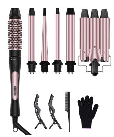 6 in 1 Curling Iron 3 Barrel Curling Iron Set with Curling Brush (1.5inch) and 5 Interchangeable Ceramic Curling Wand(0.35"-1.25") 2 Temp Heating Setting Contain Comb & Protective Glove & 2 Clips 6 in 1 Curling Iron With Curling Brush