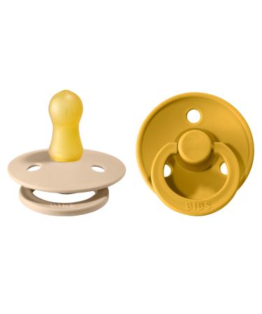 BIBS Colour Baby Pacifier 2-Pack | Made in Denmark | BPA Free Dummy Soother Round Nipple. Natural Rubber Latex Size 1 (0-6 Months) Vanilla/Mustard