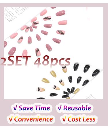 Sethexy Almond Short False Nails - Pink & Black - 48 Piece Press-On Acrylic Nails with Glue for Women & Girls - Perfect for Easy Nail Art - Buy Online on GoSupps.com