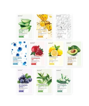 [PACK OF 10] EUNYUL Natural Sheet Mask Pack 10 types Korean Skincare Facial Mask Pack Aleo, Collagen, Pearl, Hyaluron, Avocado, Pomegranate, Vitamin, Blueberry, Green Tea, Cucumber Natural 10
