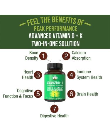 Peak Performance Advanced Vitamin D 5000 IU with Vitamin K 60 Veggie Pills - D3, K1, K2 (MK-4 & MK-7) Supplement - Buy Online on GoSupps.com