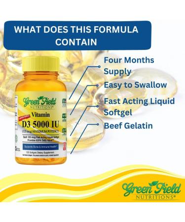 Greenfield Nutritions Halal Vitamin D - Halal Vitamin D3 5000 IU Softgel (125 mcg) High Potency 120 Unflavored Softgels - Beef Gelatin D3 Halal Vitamins Supports Immune Bone Teath Brain and Hair - Buy Online on GoSupps.com