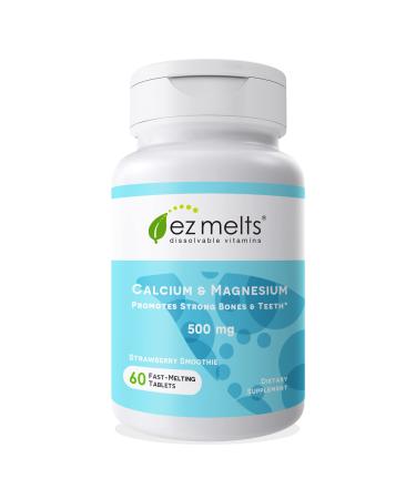 EZ Melts Calcium & Magnesium with Vegan D3, 500 mg, Dissolvable Vitamins, Vegan, Zero Sugar, Natural Strawberry Flavor, 60 Fast Dissolve Tablets