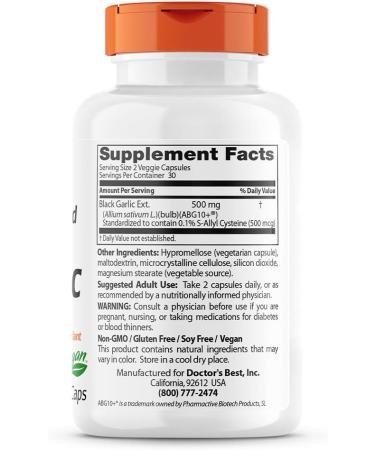 Doctor's Best Black Garlic Extract ABG10+ 250mg - Supports Healthy Blood Pressure & Cholesterol, Boosts Immunity - Potent Antioxidant - 60 Count - Buy Online on GoSupps.com
