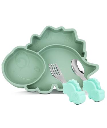 Silicone Suction Plate for Toddlers with Fork Spoon Set - Self Feeding Training Divided Plate Dish and Bowl for Baby and Toddler  Fits for Most Highchairs Trays (Dino Green)