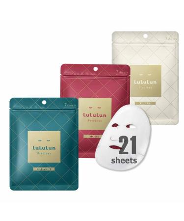 Lululun 21pc Facial Mask Sheet for Daily Use Japanese Organic & Natural Anti-aging Face Skincare Moisturizing & Hydrating Face Sheet Mask for Dry & Damaged Skin & Daily Use PRECIOUS Series Set Precious Combo - 21pc