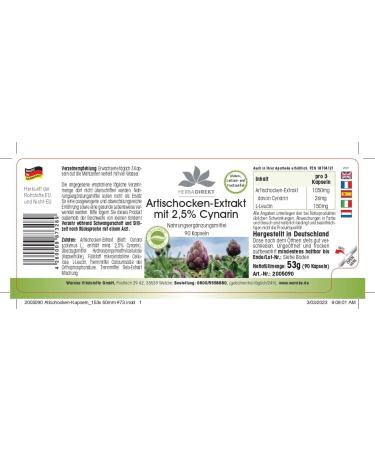 Herbadirekt Artichoke Extract 2.5% Cynarin 90 Capsules - Vegan | Warnke Vitalstoffe - Buy Online on GoSupps.com