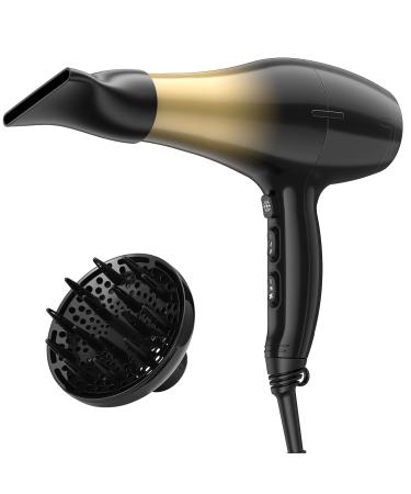 Professional Ionic Hair Dryer, 1875W Salon Blow Dryer with Diffuser for Curly Hair, Curly Hair Blow Dryer, Diffuser Hair Dryer, Fast Hair Dryer with 2Speeds/3Heat Settings/Cool Shot Black& Gold