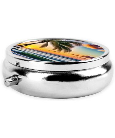 Beach Palm Trees Sunset Mini Round Pill Box | 3 Compartment Travel Pill Organizer | Portable Medicine Case for Home & Office - Buy Online on GoSupps.com