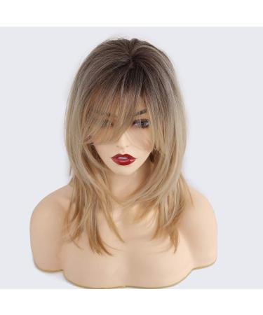 HAIRCUBE 18 Inch Blonde Ombre Wigs for Women - Shoulder Length Layered Curly Wigs with Bangs - Buy Online on GoSupps.com