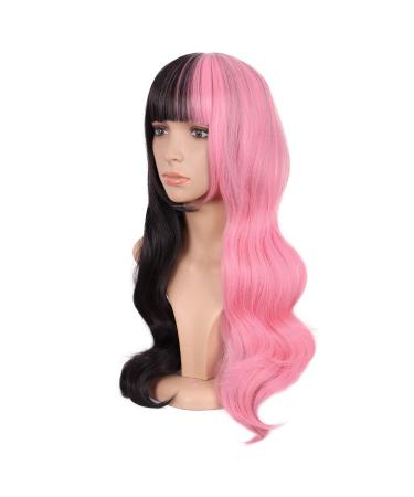 MapofBeauty 24 Inch Mixed Color Flat Pony Wave Wig - Stylish Pink/Black Curly Cosplay Hair - Buy Online on GoSupps.com