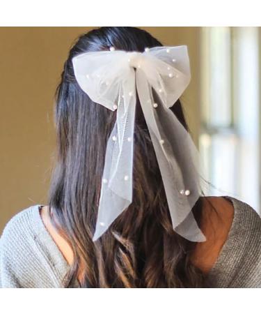 Vakkery Bridal Hair Bow Veil White Tulle Bow Hair Clip with Pearl Wedding Bachelorette Party Decoration Hair Accessories for Women - Buy Online on GoSupps.com