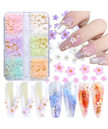 3D Flower Nail Art Charms  6 Grids 3D Acrylic Nail Flowers Rhinestone Light Change Pink White Blue Cherry Blossom Acrylic Spring Nail Art Supplies with Pearls Manicure DIY Nail Decorations