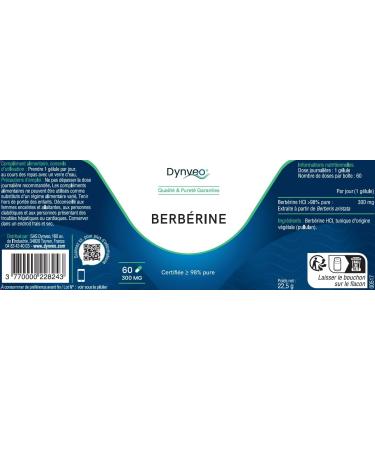 Berberine Pure concentrated 98% - Berberis Aristata extract - 60 capsules of 300 mg - Blood glucose & cholesterol regulated - High grade of Berberine Stabilized Hcl - No Additives & Vegan - Dynveo - Buy Online on GoSupps.com