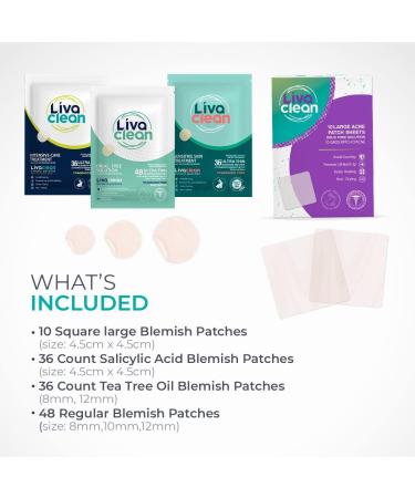 Livaclean (120 Count 3 Pack) Mixed bundle of Regular (48) Salicylic Acid (36) and T.Tree (36) Hydrocolloid Patches + 10 Count Large Square Patches 130 Count Mixed Pack - Buy Online on GoSupps.com