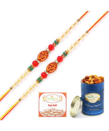 Ghasitaram Gifts Rakhis Online for Brother- Set of 2-6276 Rakhi Thread with 100 GMS of Dryfruits Mix Can 200 GMS of Kaju katli 2 Rakhi & 100g Dryfruits Mix Can 200g Kaju katli