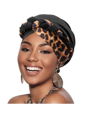 Dreshow 1 piece of African women turban braid headscarf chemo cap pre -bound beanie hat head wrap sleeping cap 1 pc twisted braid: Black with leopard print 1