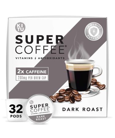 KITU SUPER COFFEE Pods, Energy & Immunity (2x Caffeine, Vitamins, Antioxidants) [Dark Roast] 32 Count | Keto Coffee Pods Compatible with Keurig 2.0 K-Cup Brewers Dark Roast 32 Count (Pack of 1)