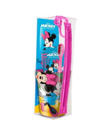 Mr.White Minnie Pouch Set for Kids Travel-Friendly Including Manual Toothbrush with Suction Cup Travel Cap Kids Mild Mint Flavour Toothpaste 75ml and 1 Beaker - Perfect for Birthday Gifts