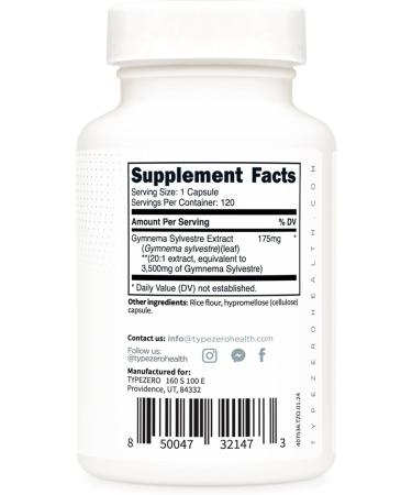 Type Zero Clean Gymnema Sylvestre Capsules (120 Servings 3 500 MG Equivalent Per Serving) - Non-GMO Gluten Free - Buy Online on GoSupps.com