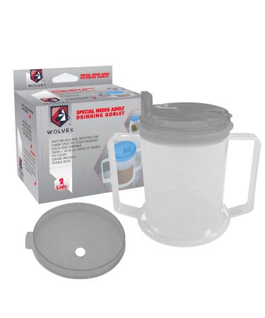 Wolvex Adult Drinking Cup Beaker with Handles & Anti Spill lids for Disabled Adults Dishwasher and Microwave Safe BPA PVC and Latex Free Grey