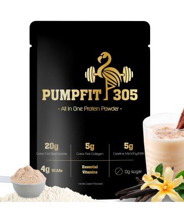 PUMPFIT305 ALL-in-ONE Grass Fed Beef Protein Isolate-41g Protein + 5g Collagen + 5g Creatine Monohydrate + 4g BCAAs Probiotics NO Bloat Muscle Recovery Post Workout Recovery - Vanilla 15 Servings