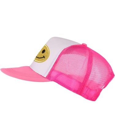 Lycycse Smile Face Neon Trucker Hat with Sequins Patch - Pink/White - Buy Online on GoSupps.com