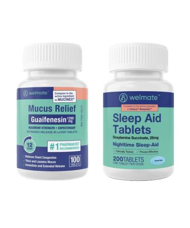 WELMATE Nighttime Wellness Bundle: Maximum Strength Guaifenesin 1200mg Mucus Relief (100 Ct) & Doxylamine Succinate 25mg Sleep Aid (200 Ct) | Extended Relief for Restful Sleep