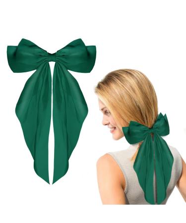 HundoPony Hair Bow Long Tail Soft Silky Satin Bowknots with Metal Clips Barrettes Hair Clips for Girls Women Stylish French Ribbon Hairpin Green