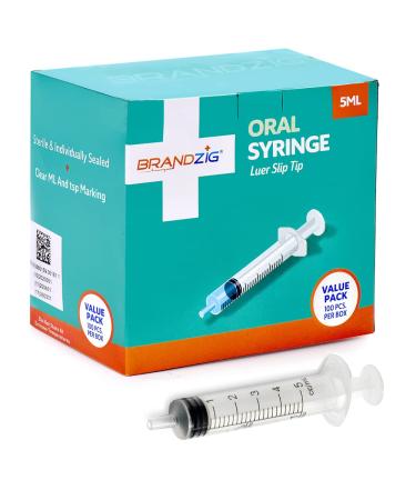 5ml Oral Syringes - 100 Pack  Luer Slip Tip, No Needle, Individually Blister Packed - Medicine Administration for Infants, Toddlers and Small Pets (No Cover)