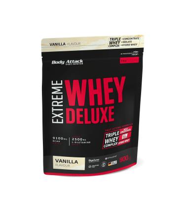 Body Attack Extreme Whey Deluxe - Vanilla Cream 900g - Made in Germany - Protein powder with amino acids triple whey -complex CFM Whey Isolate perfectly soluble protein powder low in fat sugar arm Vanilla Cream 900 G (1 Pack)