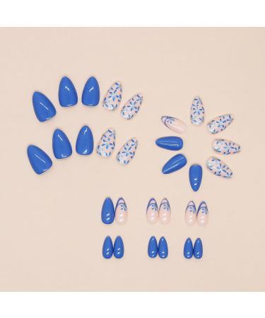 Flower Press on Nails Set | 30pcs Almond & Blue Floral Stick-On Nails | Reusable & Cute Glue-On Fake Nails - Buy Online on GoSupps.com