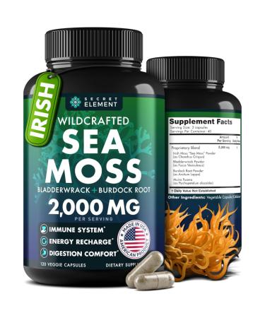 Sea Moss Capsules - Irish Sea Moss Advanced with Burdock Root Bladderwrack & Muira Puama for Immunity Gut & Energy - Superfood Sea Moss Supplements w/Raw Sea Moss Powder - 120 Irish Seamoss Pills 120 Count (Pack of 1)