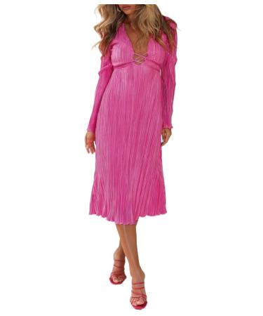 Women's Party Dress Deep V Neck Sexy with Belt Flare Long Sleeve Long Dresses High Waist Elegant XL Rose Red