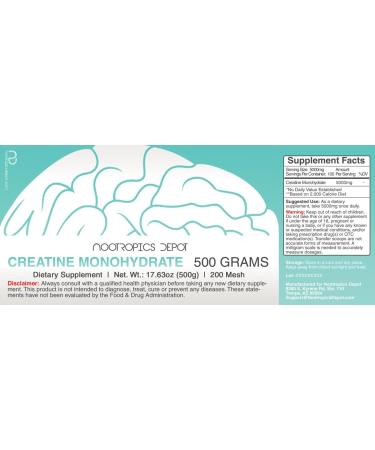 Nootropics Depot Creatine Monohydrate 200 Mesh Powder - Premium 500g for Enhanced Performance & Muscle Growth - Buy Online on GoSupps.com
