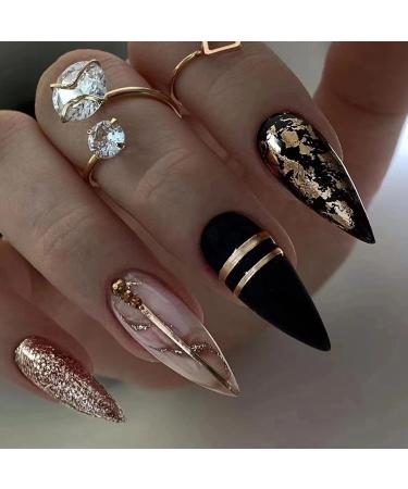 Almond Press on Nails Medium Fake Nails Black Acrylic Nails Press on Marble Full Cover Glossy Glue on Nails Gold Foils Glitter Exquisite Design False Nails with Glue Stick on Nails for Women Girls (black gold foils)