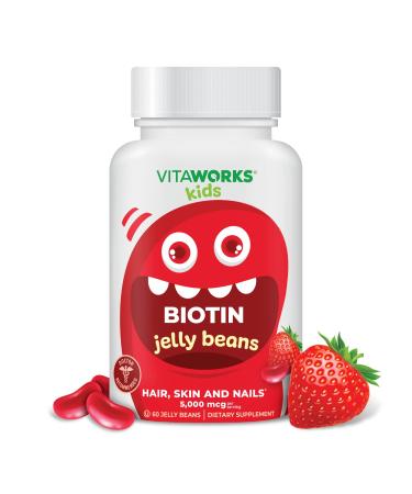VitaWorks Kids Biotin 5000mcg Jelly Beans - Tasty Natural Strawberry Blast Flavor - Vegan GMO-Free Gluten Free Nut Free - Dietary Supplement - Hair Skin and Nails Vitamins for Children - 60 Jellies - Buy Online on GoSupps.com