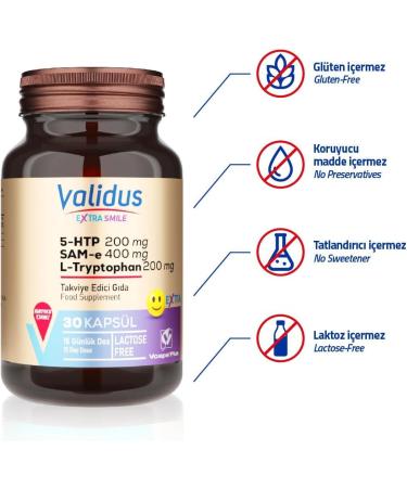 VALIDUS Extra Smile 5-HTTP 200 mg + L- Tryptophan 200 mg + Sam-e 400 mg 30 Capsules (Vcaps Plus) - Buy Online on GoSupps.com