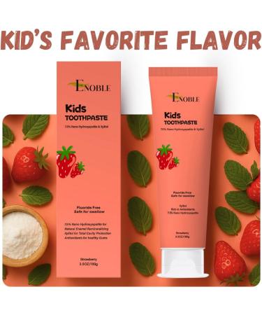Enoble Kids Toothpaste Fluoride Free Natural Toothpaste for Kids Toddlers & Babies with 7.5% Nano-Hydroxyapatite and Xylitol for Enamel Strengthening Strawberry Flavor 3.5 oz - Buy Online on GoSupps.com