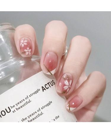 SINLOV Medium Long Square Fake Nails Pink Flower French False Nail Glossy Full Cover False Nails Press on Nails for Women and Girls
