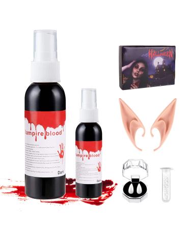 CAKKA Fake Blood Spray Washable  3oz Blood Splatter with Vampire Costume Makeup Kit  Halloween Adult Vampire Teeth Fangs Elf Ears Accessories  Fake Blood for Clothes Face Decoration Decor