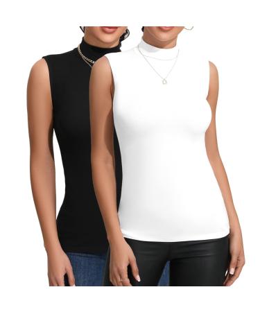 FOUGEDE Women's Mock Turtleneck Long Sleeve/Sleeveless Basic Fitted Stretch Slim Shirts Tops T Shirts Rib Sleeveless 2 Pack Large Sleeveless White-black-2-pack