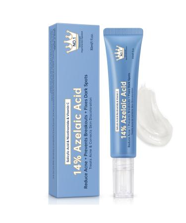 Azelaic Acid 14% Acne Cream for Redness Relief Dark Spots Facial Serum with Niacinamide & Vitamin C Prevent Acne Breakouts Azelaic Acid Serum for Balance Excess Sebum & Soothe Irritation 1 Oz. 1PCS