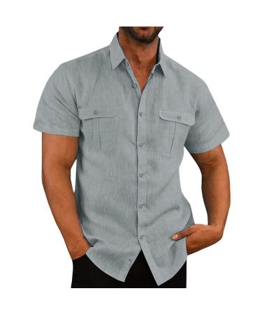 BEUU Cotton Linen Shirts for Mens, Summer Short Sleeve Button Down Double Pocket T Shirt Relaxed Fit Loose Beach Tops 175- Gray X-Large