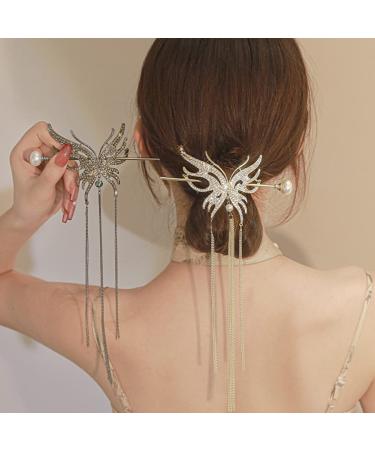 3 Pcs Butterfly Tassel Hair Sticks - Metal Rhinestone Pearl Chopsticks | Vintage Chinese Hair Accessories for Women - Buy Online on GoSupps.com