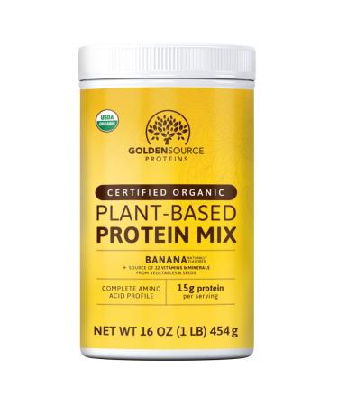 GoldenSource Proteins, Organic Plant-Based Protein, Banana, 1 Pound, 18 Servings, 22 Vitamins & Minerals, Complete Amino Acid Profile, Free from Gluten, Soy, Dairy & Peanut, no Added Sugar