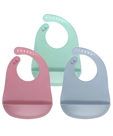 Mojinl 3 pieces silicone baby bibs waterproof feeder washing bathing bangs bpa freely with collecting bowl for toddlers food and baby feeding blue green pink