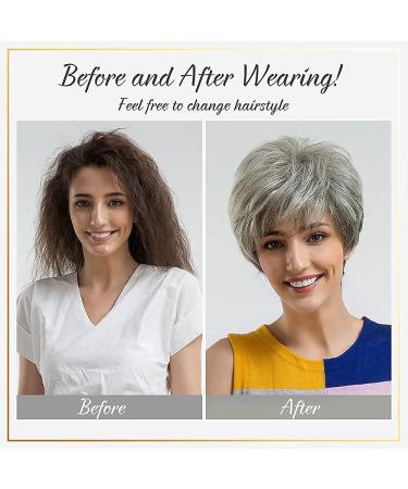 Gray Temperament Wig with Oblique Bangs for Women - Natural Daily Wear for Middle-Aged Women, Girls | Fluffy Short Hair, Black Gradient Silver Texture - Buy Online on GoSupps.com