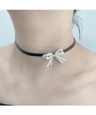 OralGos Faux Pearl Bow Pendant Necklace | Stylish Clavicle Chain & PU Leather Jewelry - International Shipping - Buy Online on GoSupps.com